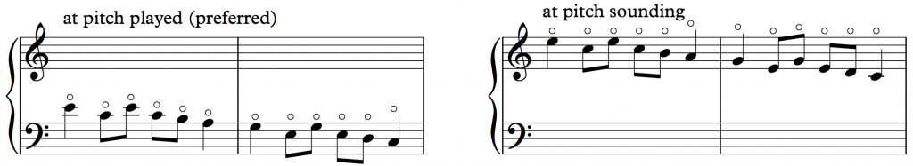 Fig 68b: harp harmonics at pitch played and pitch sounding.