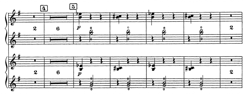 Fig. 68e: Ravel, Valses Nobles et Sentimentale, harp part bars 1-4 of Fig. 5.